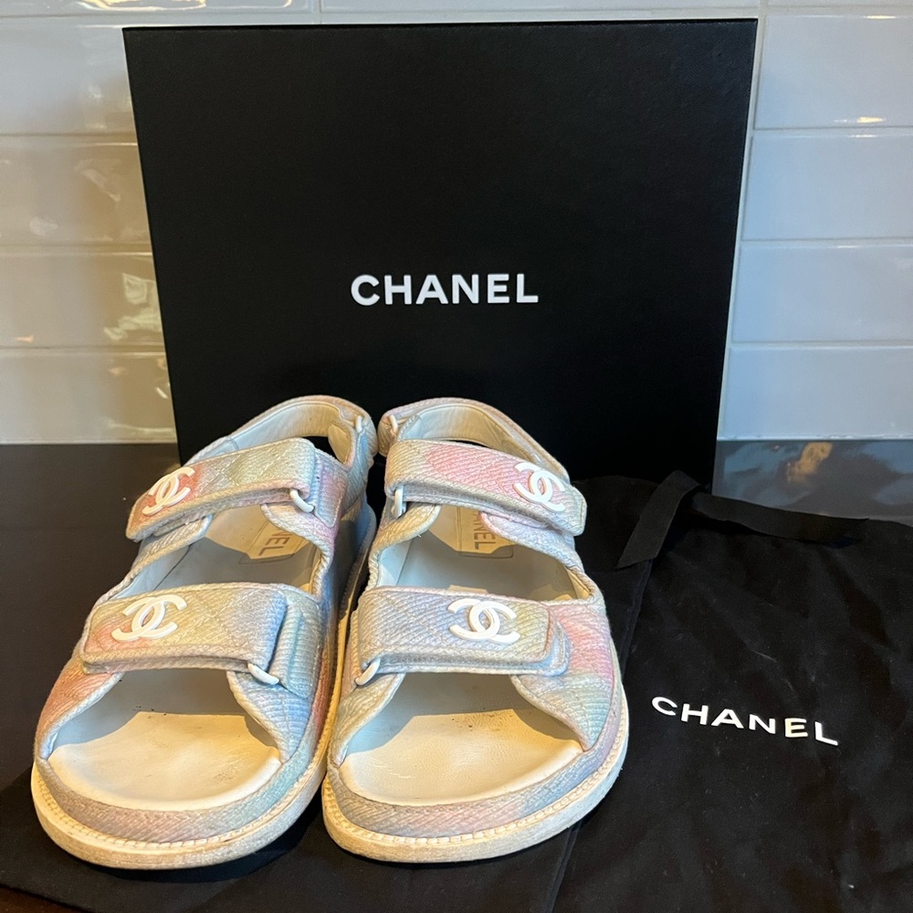 Auth Chanel Dad Sandals Tie Dye Pink Blue 38 w Box and dust bags RARE